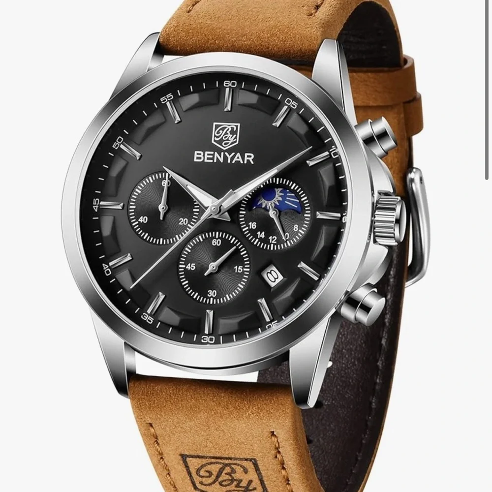 Benyar Men's Chronograph Watch - Black Dial Brown Leather Strap